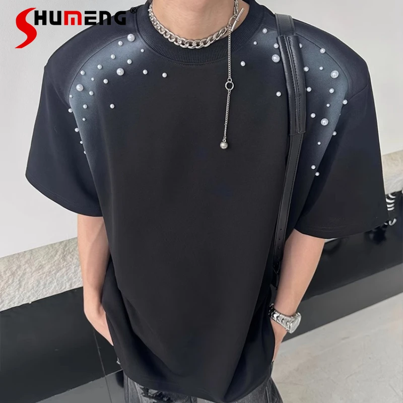 

Men's 2025 Summer New High-end Chic Tops Niche Fashion Versatile Pearl T-shirts Male Short Sleeve Round Neck Color Matching Tees
