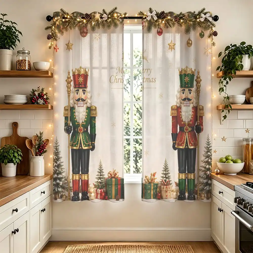 2pcs Christmas Nutcracker Merry Christmas Double Sided Curtains Hanging Hole Privacy Protection Window Drapes for Living Room