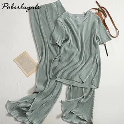 Two-piece Set Casual Pants Suit Female 2022 Summer New Temperament O Neck T-shirt  + High Waist Slit Wide Leg Pants Womens