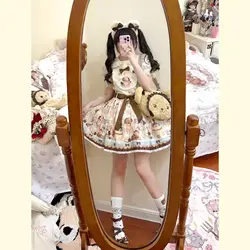 Japanese Kawaii Cute Jsk Lolita Dress Kawaii Puppy Print Bow Lace Strap Dresses Girl Sweet Princess Mini Camisole