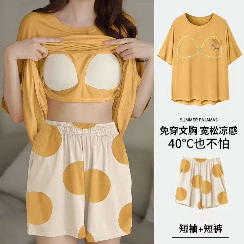 New Women Summer Plus-Size Short-Sleeve Shorts Pajama Set with Chest Padding Soft Homewear Two-Piece Set Girls Lady Loungewear