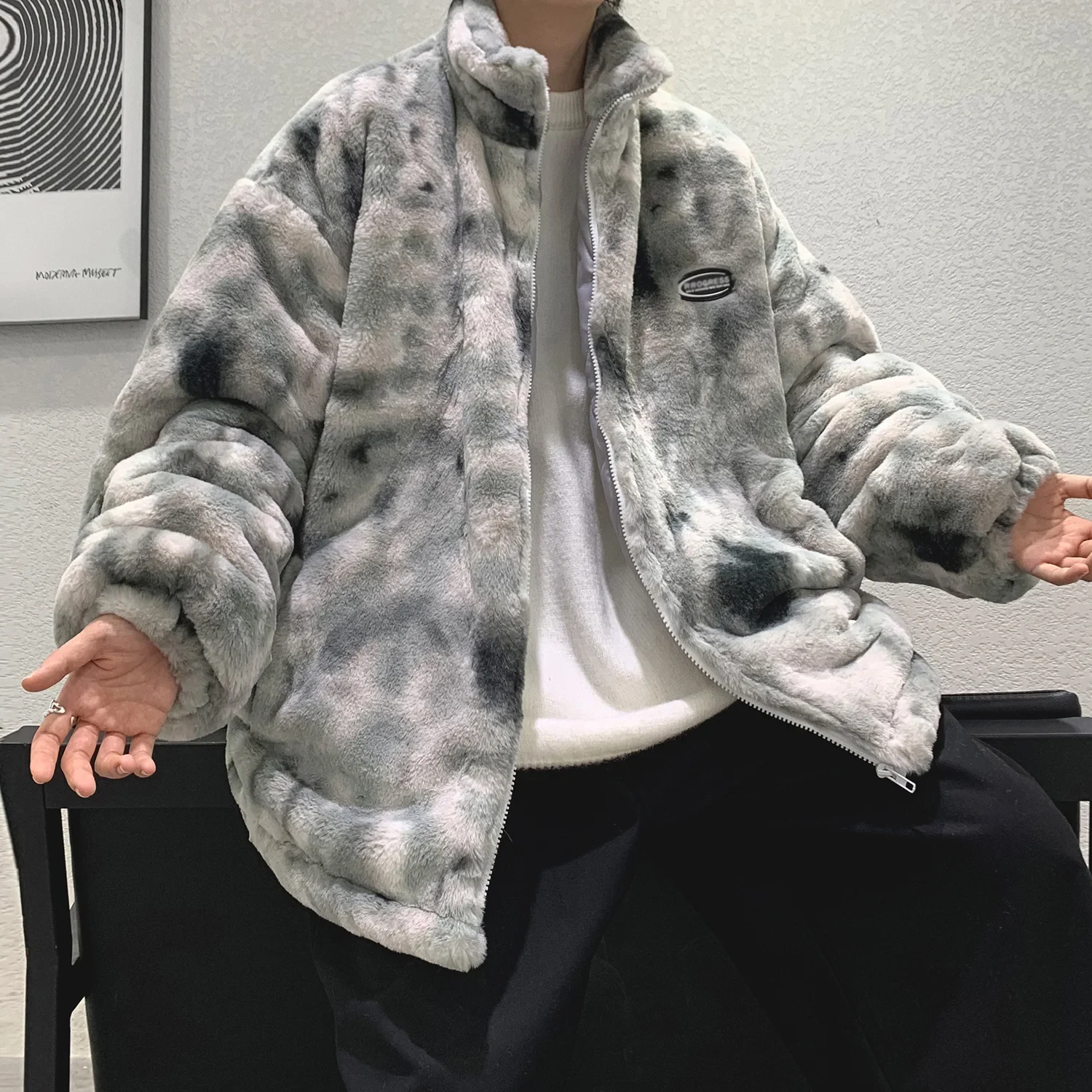 Lamb Wool Coat Men's Winter Loose Tie-dye Warm Winter Cotton-padded Clothes Piled Thickened Cotton-padded Clothes Ins