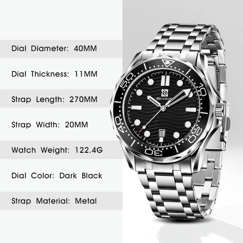 Men\'s Quartz Watch Seamaster Series 43mm Wavy Dial with Date Calendar Function, Rotatable Scale with Steel Strap Waterproof 30M