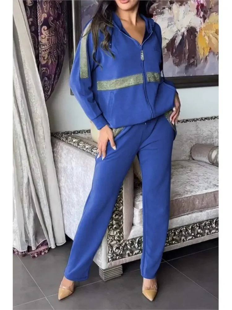 

Autumn Winter Long Sleeved Hoodie Pants Women 2 Piece Set Fashion Patchwork Zipper Hoodie Casual Pocket Pants Sports Suit Female