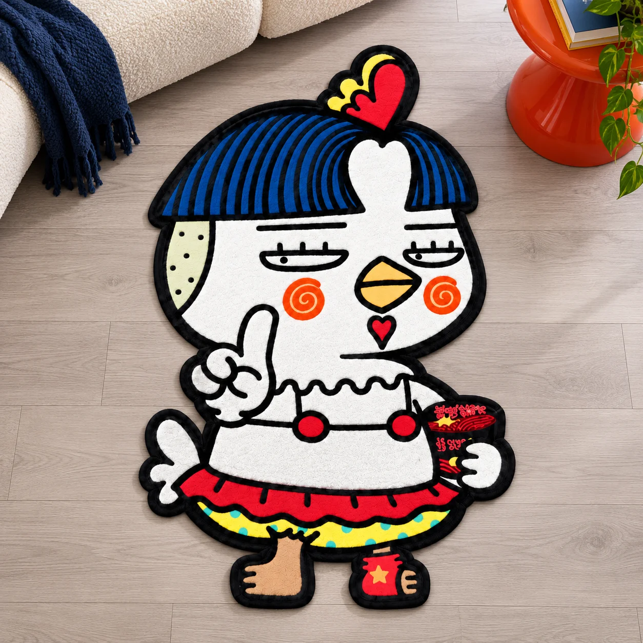 Funny Cartoon Chicken Shaped Area Rug, B-Buldak Ramen Indoor Irregular Floor Door Mat for Kitchen Bedroom Dining Room Decor Gift