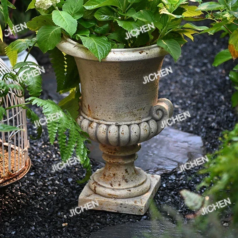 

ZH Antique Roman Column Flower Pot European-Style High Foot Design Planter Large Trophy Planter Garden Villa Photography Props