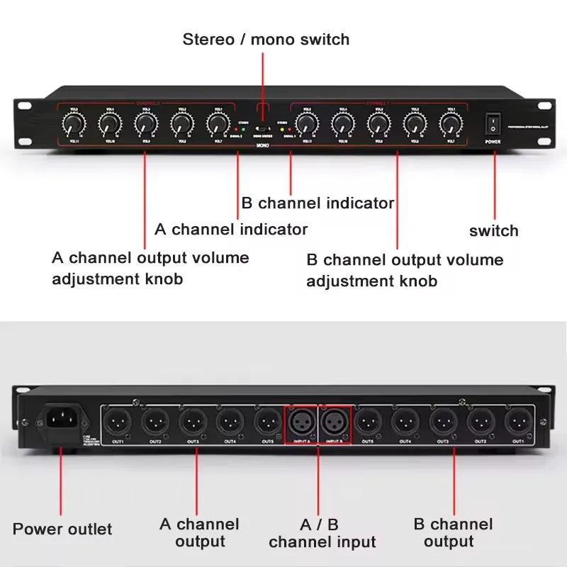 Yuhai-206 Professional equipment Stereo Mono Audio Signal Splitter Amplifier Distributor 2 in 10 out XLR for stage