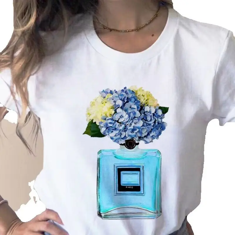 Blue Hydrangea Perfume Bottle Print Women White T Shirt Fashion Floral Short Sleeve Casual Top