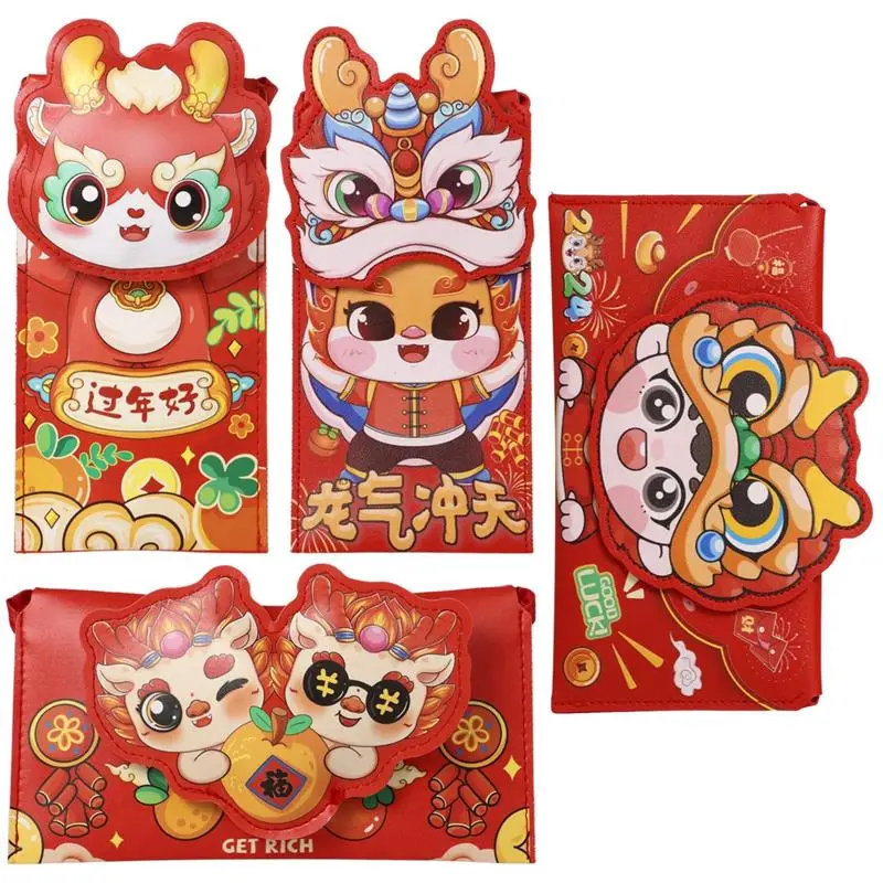 4Pcs New Year Red Envelopes 2024 Year of the Dragon Chinese Red Envelopes Spring Festival Lucky Money Hong Bao Cartoon Design