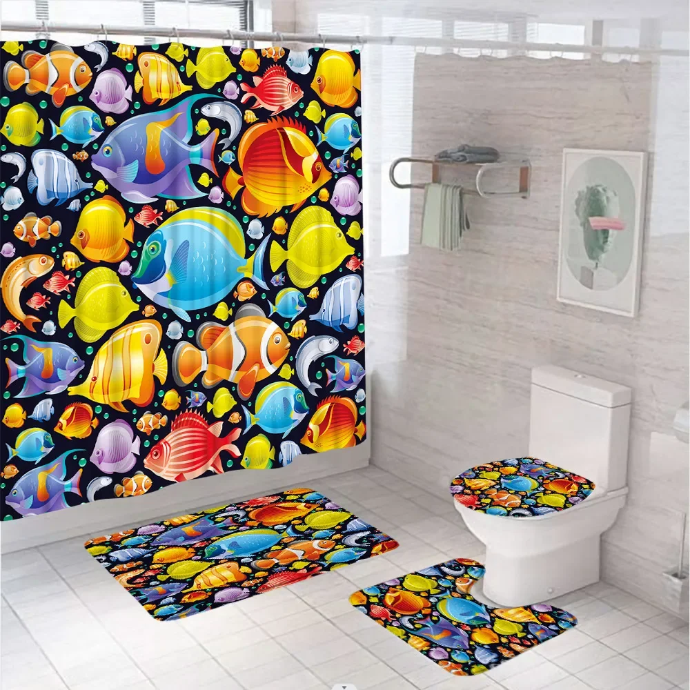 Blue Ocean Tropical Fish Shower Curtain Set Seagulls Palm Tree Dolphins Turtles Bathroom Curtains With Bath Mat Rug Toilet Cover