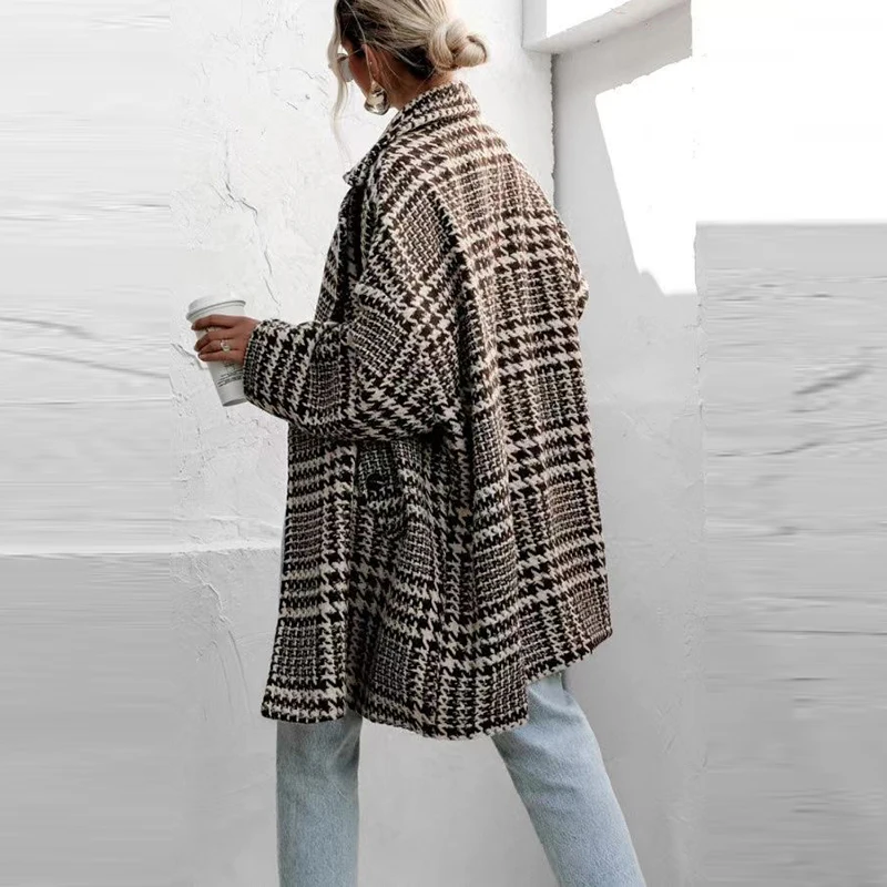 Herbst Winter Plaid Gedruckt Lose Jacke Frauen drehen-unten Kragen Lange Ärmeln Woolen Mantel Elegante Büro Tasche Taste Oberbekleidung