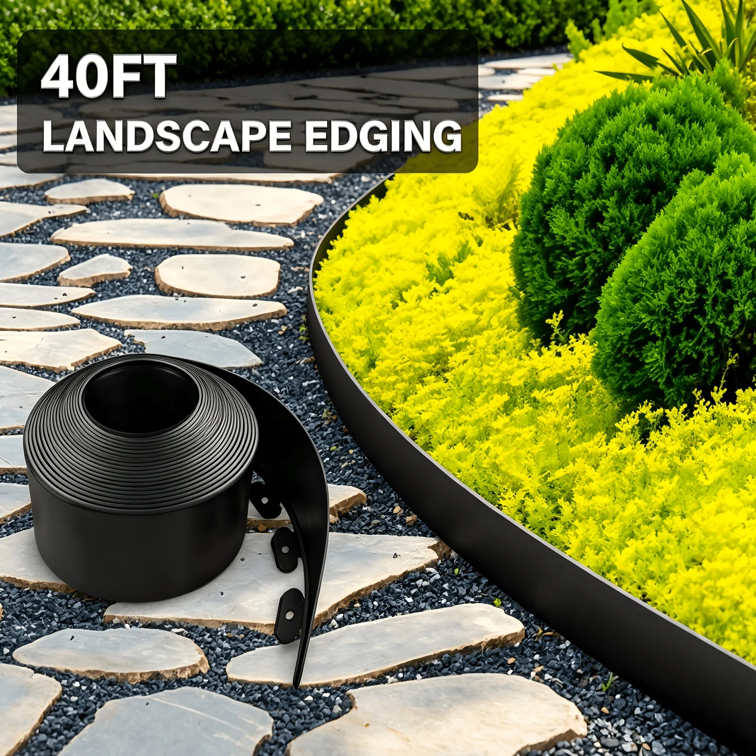 Kalolary NO Dig Landscape Edging, 40ft X 4 Inch Tall Plastic Garden Lawn Edging Border with 36 U Spikes, 3 Connector for Landscaping Garden, Flower Beds (Black)