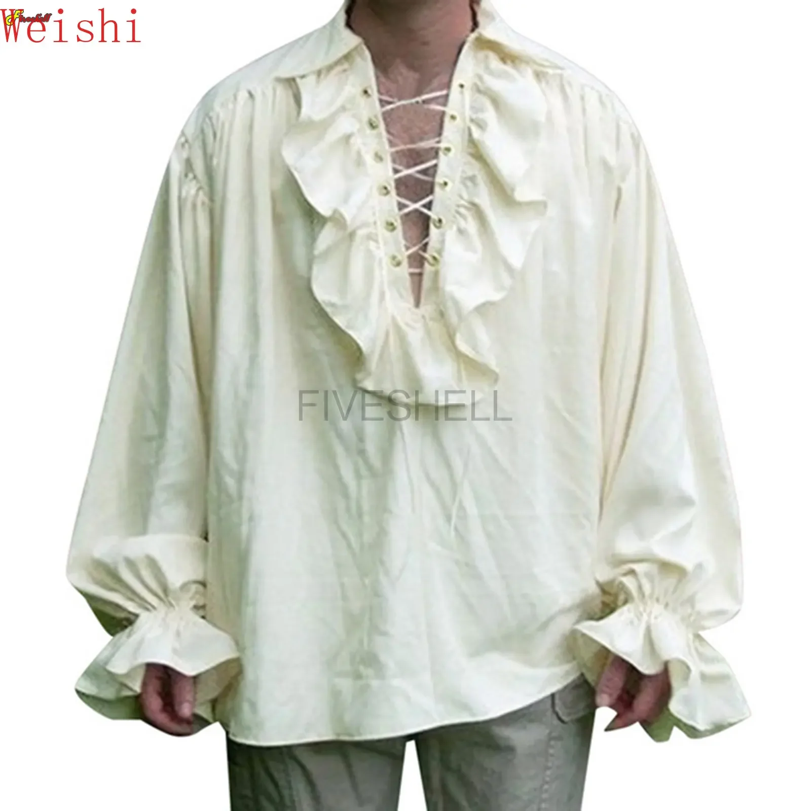 Medieval Mens Renaissance Costume Ruffled Shirts Long Sleeve Lace Up Steampunk Pirate Shirt Cosplay  Stage Costume for Women