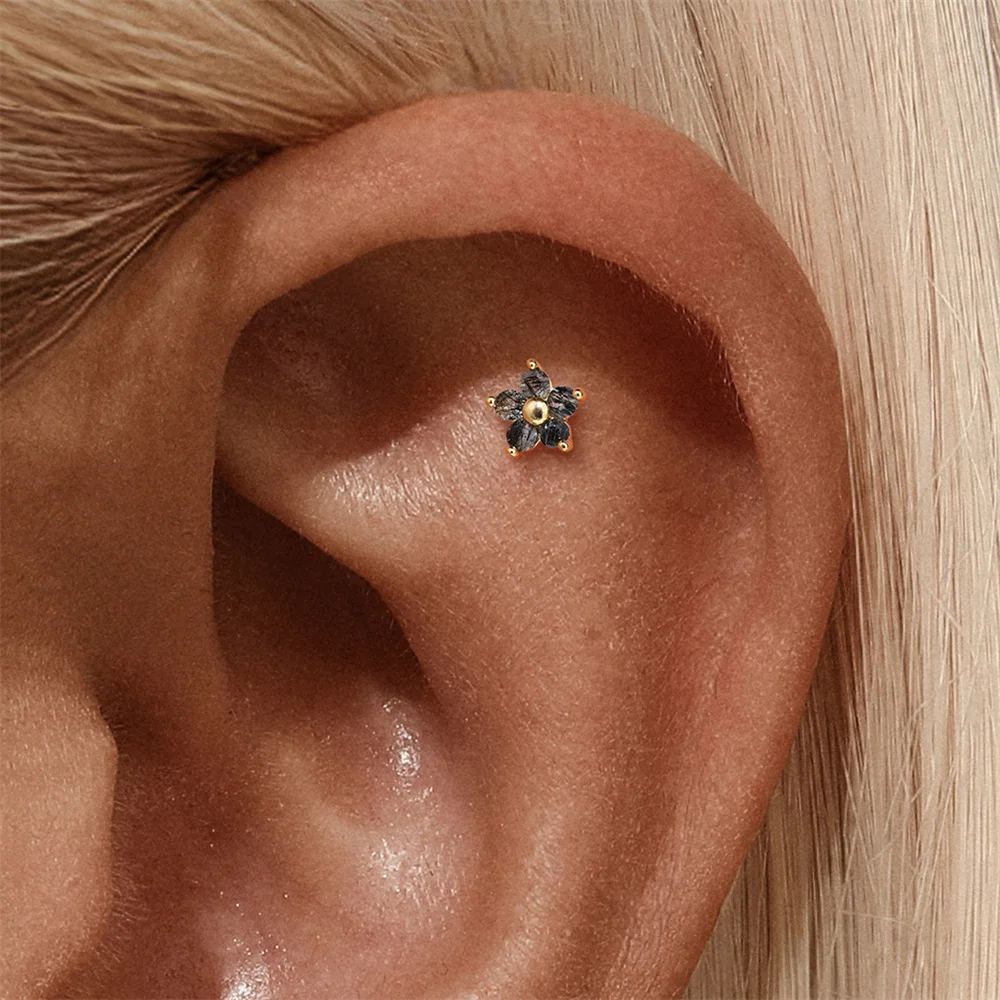 روكسي 925 فضة 1 قطعة هندسية الأسود الكوارتز Rutilated حجر أقراط للنساء 18K الذهب بالتا ثقب المجوهرات