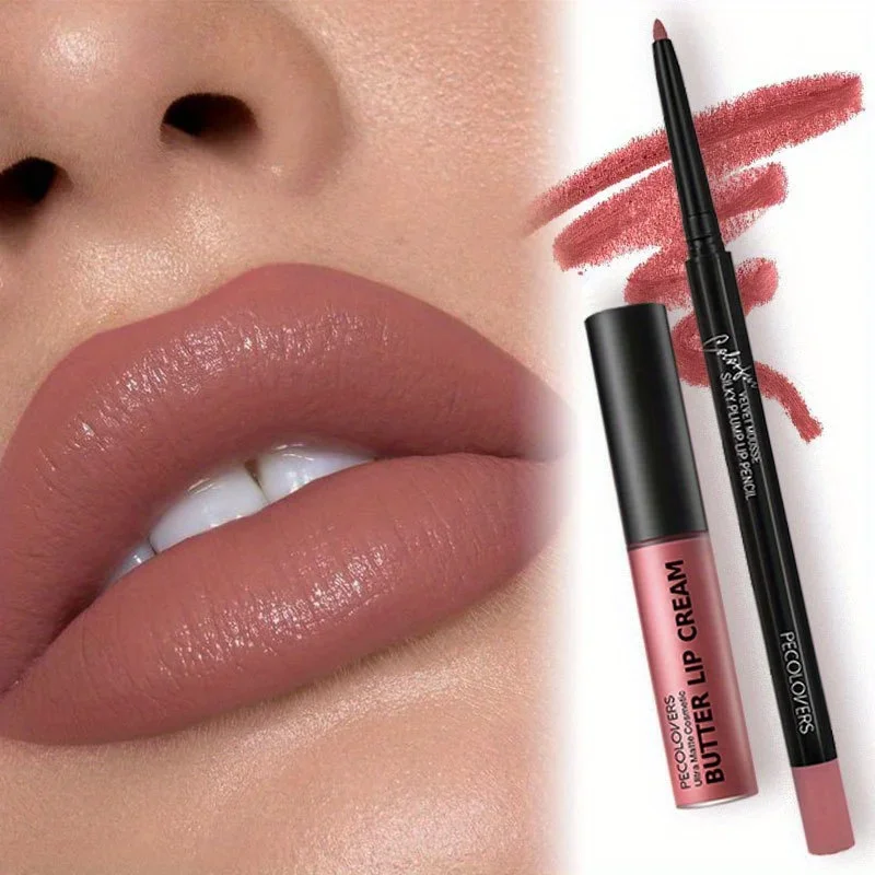 Juego de esmalte de labios Nude Butter + Lápiz Delineador de labios, brillo de labios impermeable de larga duración para mujeres, cobertura completa, efecto suave, 1 Juego