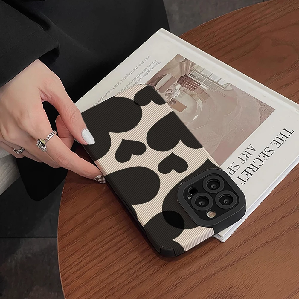 Fashion Black Love Heart Leather Silicone Case For iPhone 15 11 12 14 Pro Max 13 Mini SE 7 8 Plus X XS XR Shockproof Full Cover