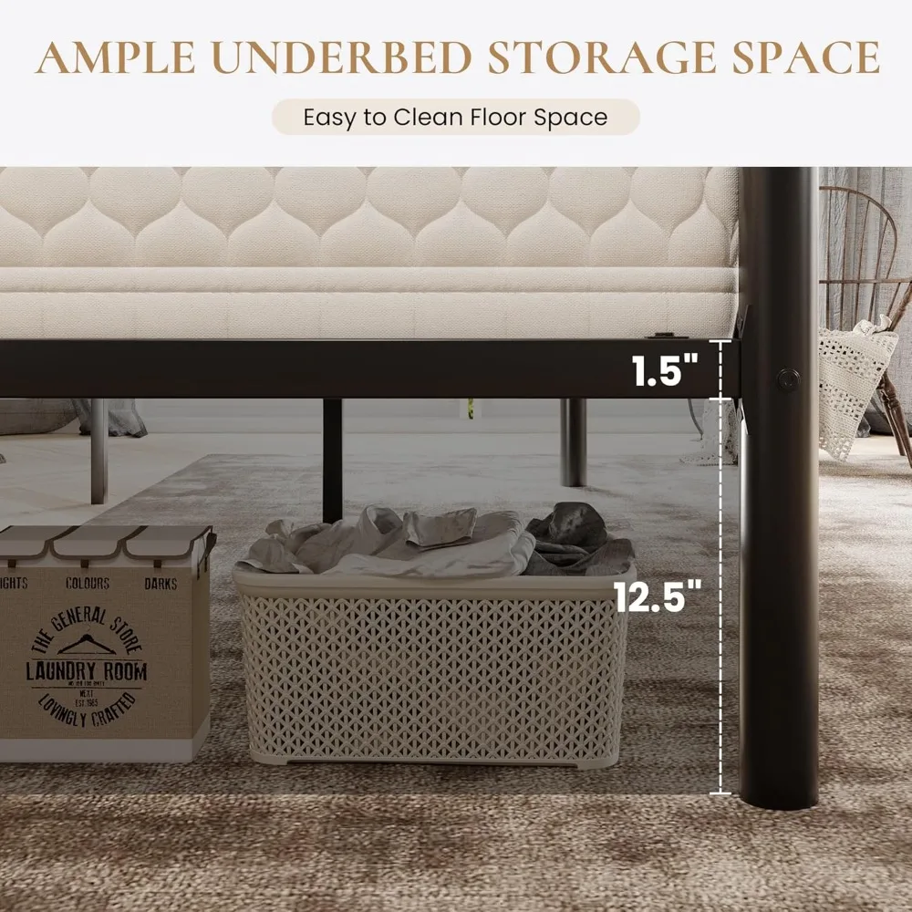 إطار سرير معدني مزدوج الحجم مقاس 14 بوصة من SHA CERLIN مع لوح أمامي ولوح قدم من الحديد، مساحة تخزين تحت السرير، سرير منصة مع ميت