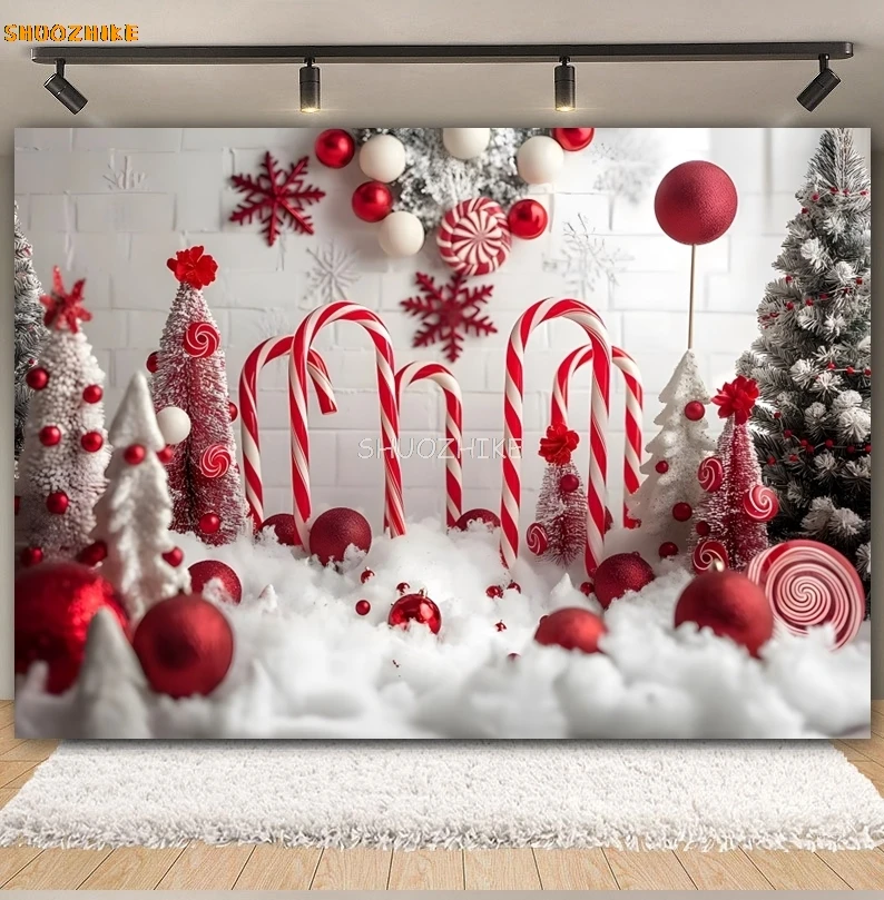Рождественский фон для фотосъемки, конфеты, трость, леденец, рождественская елка, колокольчики, красный, белый, зима, детский портретный фотофон, декор