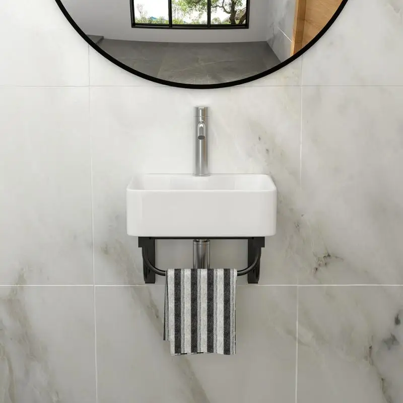 حوض سيراميك مستطيل مثبت على الحائط مقاس 16 × 12 بوصة مع شريط منشفة أسود وفتحة صنبور للحمام #1