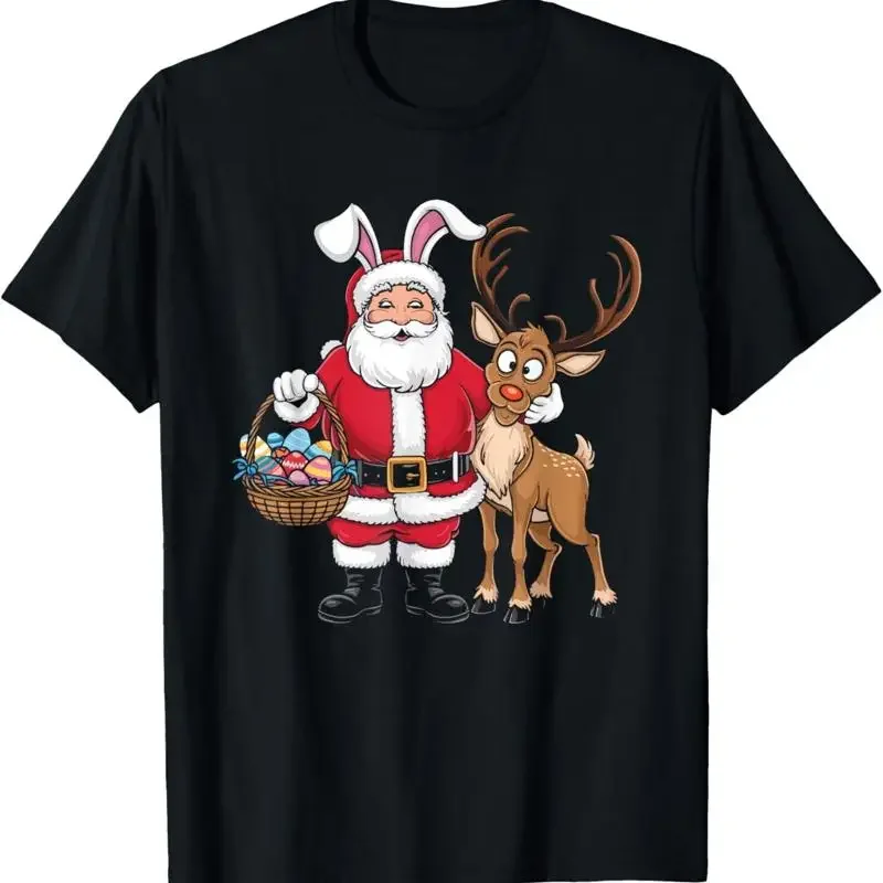 Funny Easter Santa Claus with Bunny Ears and Egg Basket T Shirt