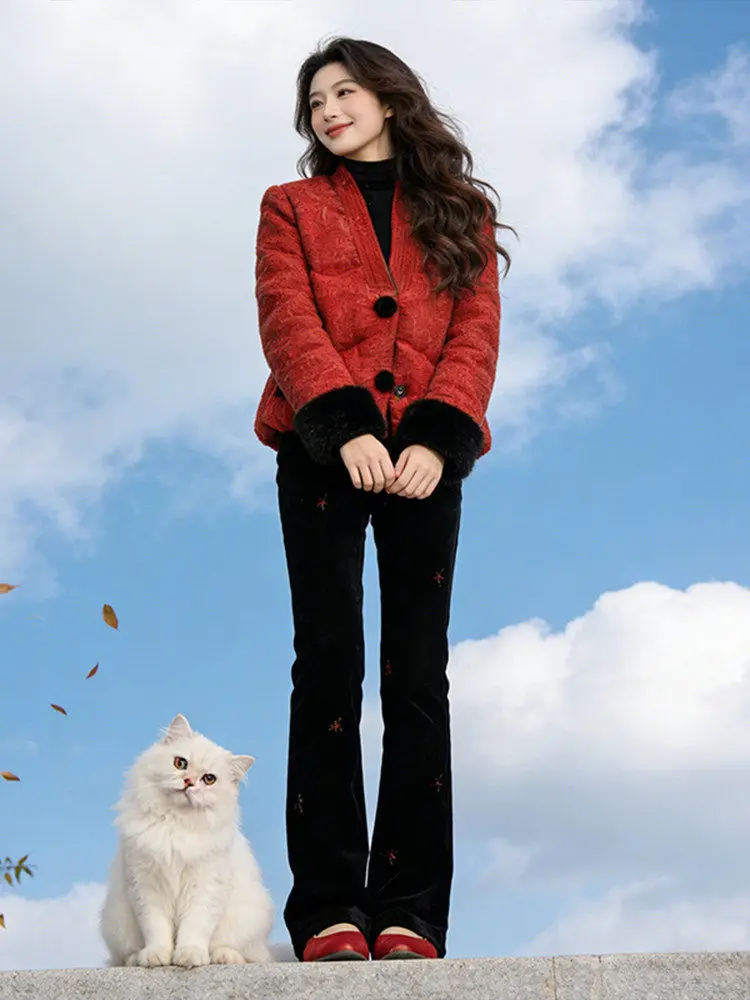

Faionable V-Ne Embroidered Cotton Jaet And High Waist Casual Pants Women's Winter Clothing Set Red Warm Sli Outfit
