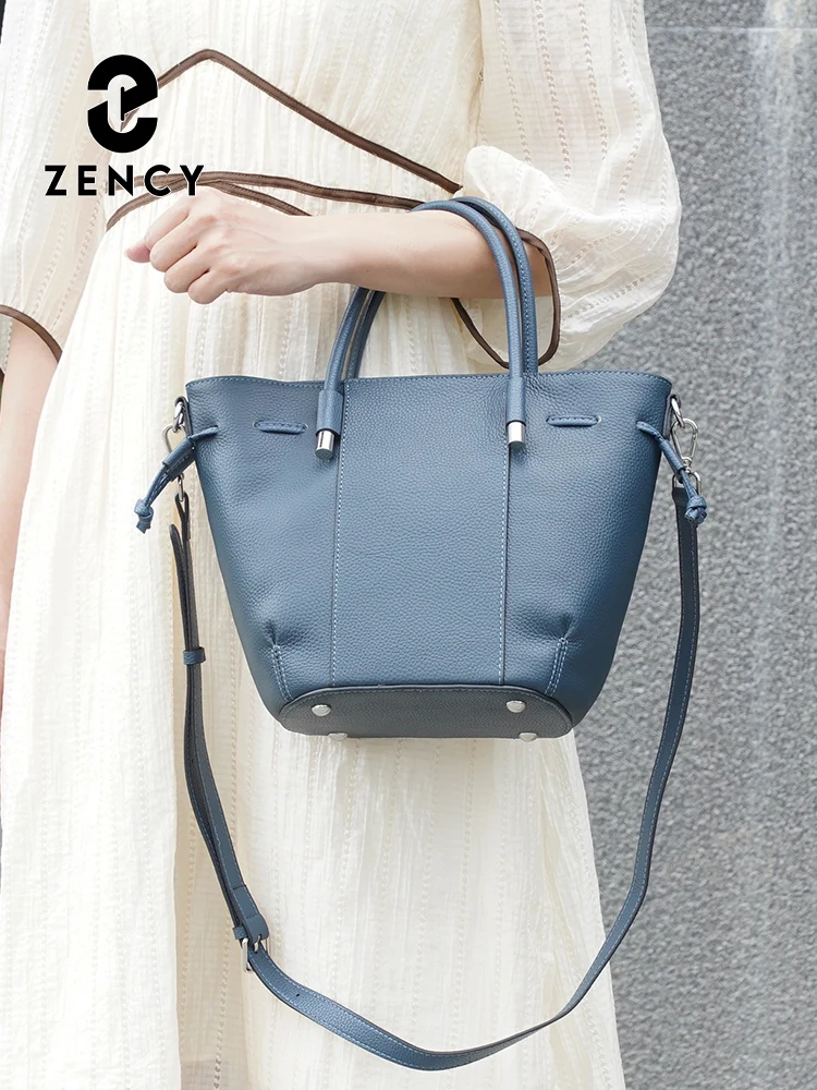 Zency Women's Genuine Leather Bag Designer Drawstring Shoulder Large Capacity Shopper Bucket Bag Cross body Handbag