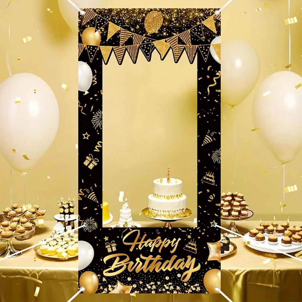 Fotobox-Rahmen Schwarz-Gold Geburtstagsparty Foto-Requisite Polyester Happy Birthday Foto-Hintergrund-Banner für Geburtstagsparty-Dekoration – Detail 3