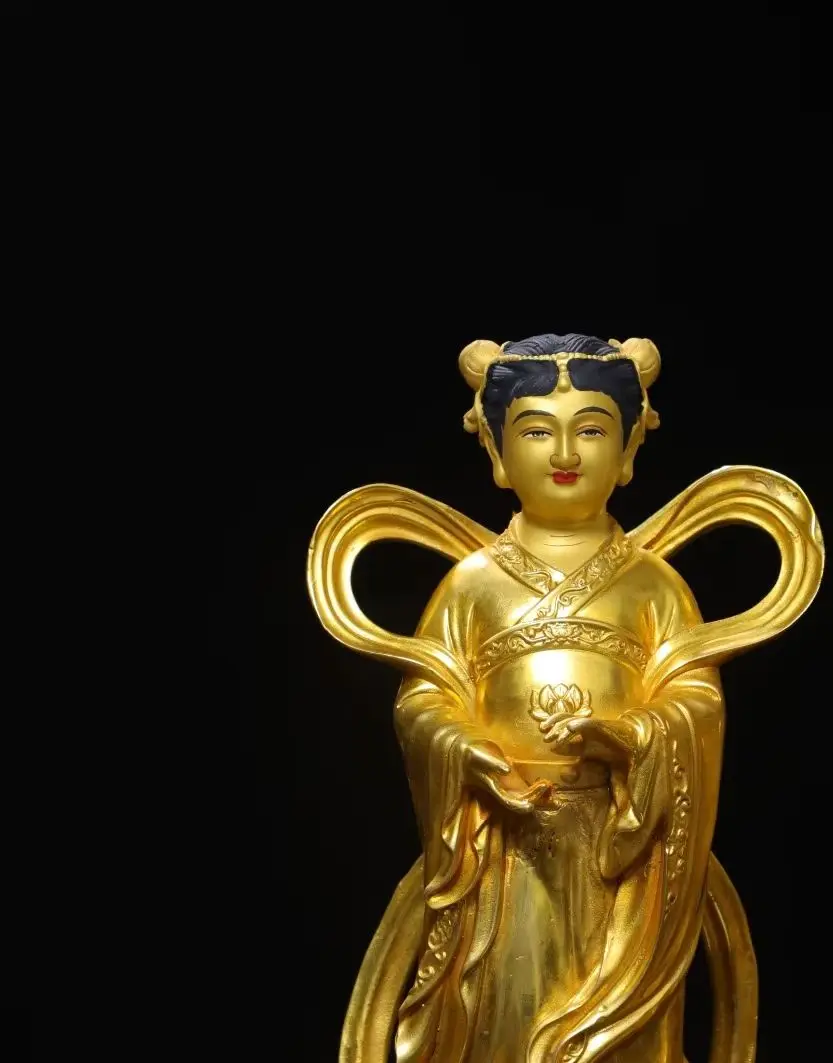 

11"Old Bronze Gilded Painted Face Golden Couple talented scholars and beautiful ladies a pair Buddha statue Worship Hall