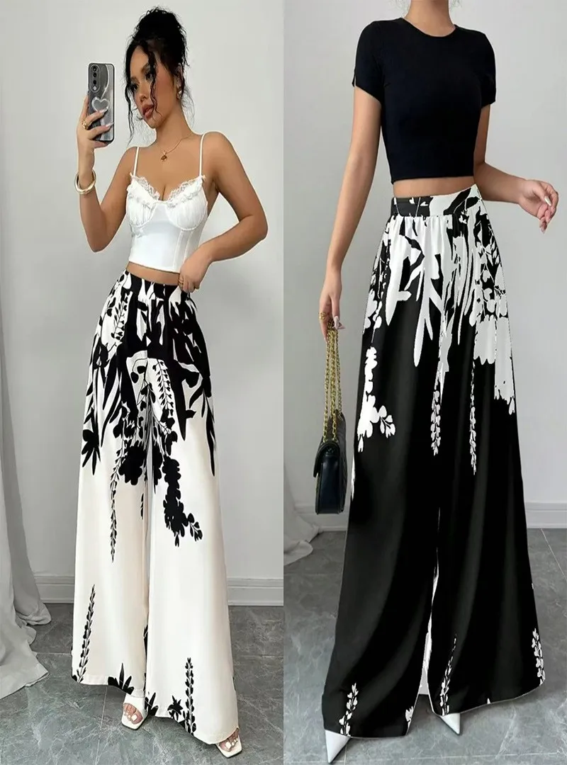Women's Spring and Summer Printed Elastic Waist Wide Leg Pants, with a Casual Temperament Suitable for Daily Vacation Wear in Sp