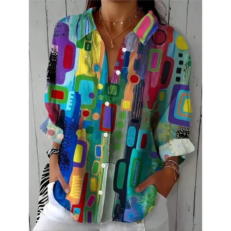 Camisas femininas plus size 1XL-5XL com gráfico geométrico elegante casual camisa de manga comprida tops