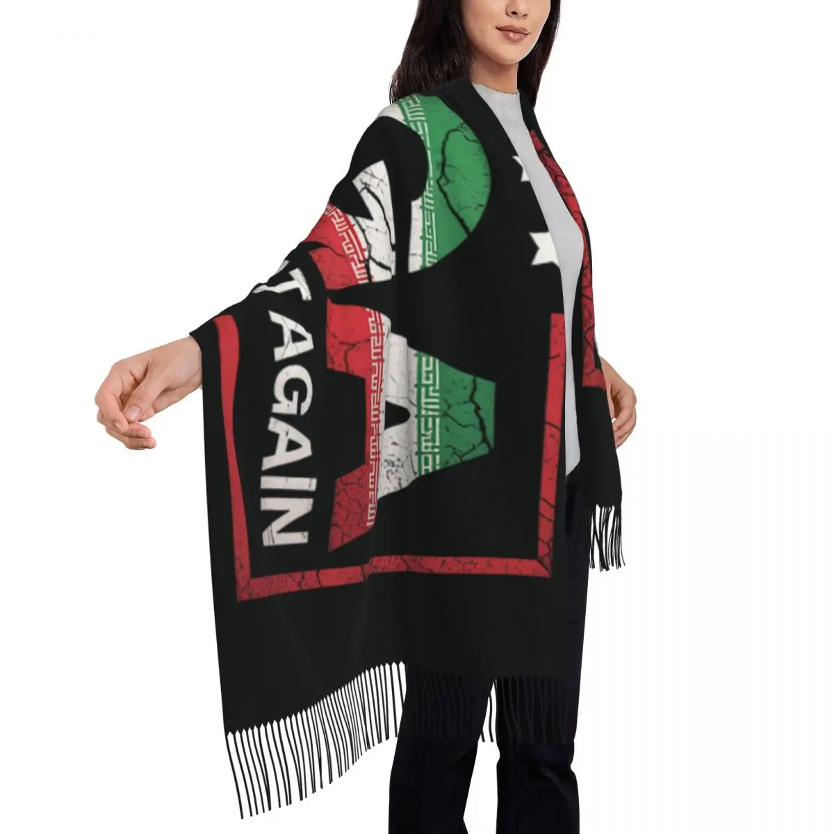 

Шарф MIGA «Make Iran Great Again» для мужчин и женщин, осенние шарфы-накидки с кисточками в стиле Y2K, забавные шали-накидки для улицы, дизайн в стиле буфанда для женщин