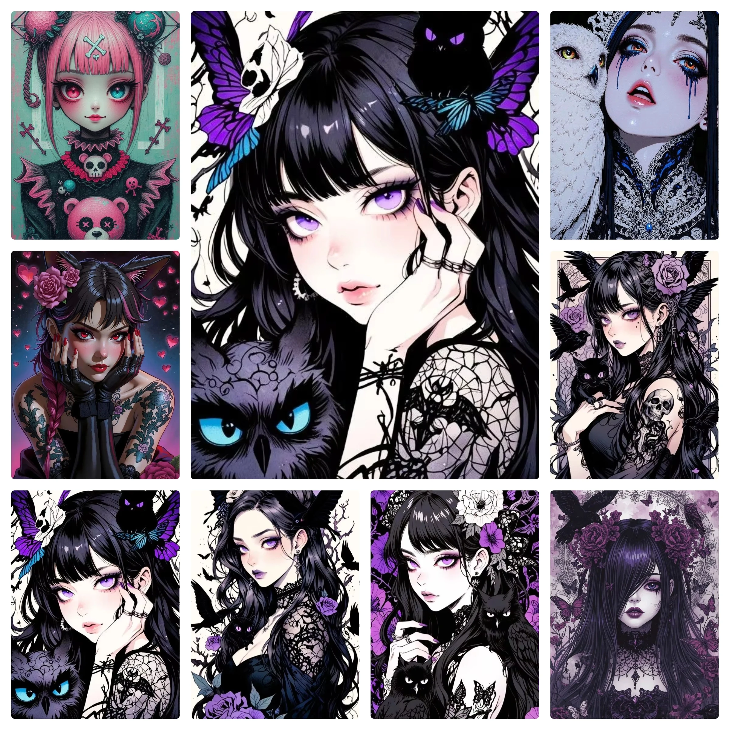 DIY Gothic Dark Anime Lady Skull Owl Cat Portrait Diamond Painting Mosaik Handgemachte Kunst Exquisite Heimdekoration