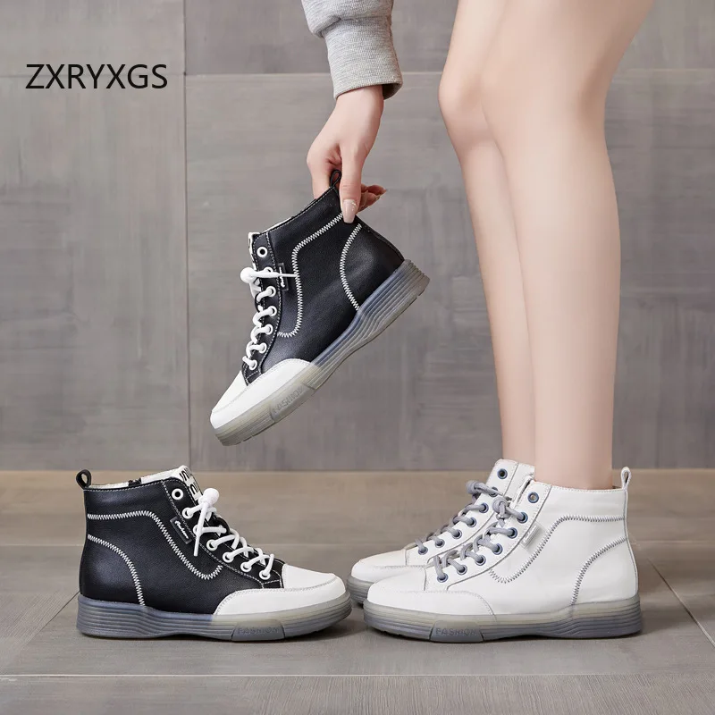 Botas curtas de couro ZXRYXGS para mulheres, tênis casuais, sapatos baixos, sola macia confortável, top alto, tamanho grande, novo, outono, 2022