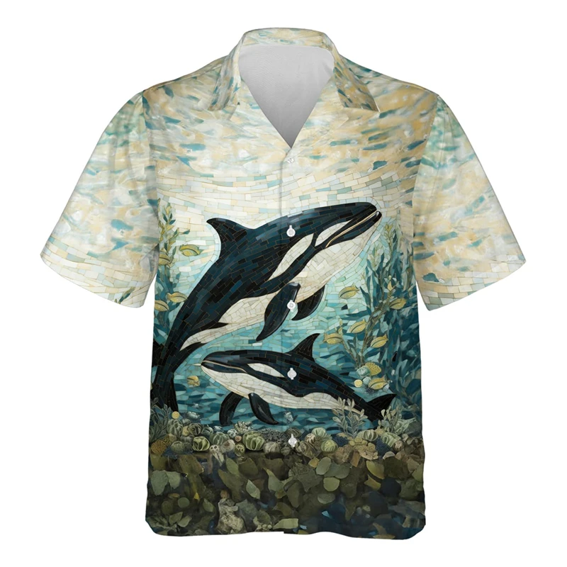 

Men's Shirts Whale Print Men's Hawaiian Casual Lapel Open Cardigan Men's Tops Comfortable Unisex Short Sleeve Shirts 2024 Tops