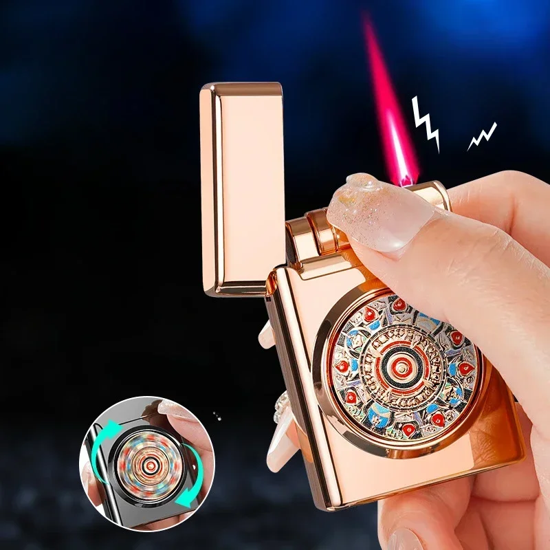 

New Decompression Turntable Red Flame Windproof Inflatable Lighter, Rotatable and Playable, Metal Body, Roller Ignition