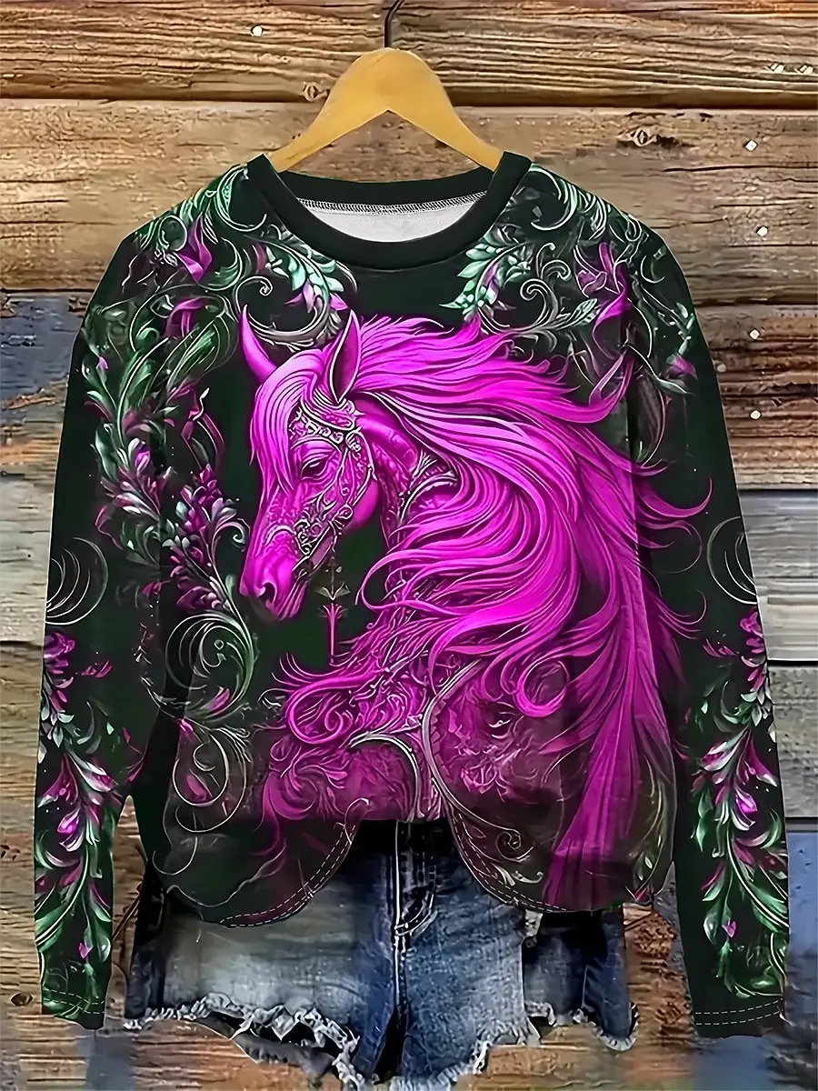 Camiseta de manga larga con estampado 3D de caballo a la moda para mujer, camisetas informales de otoño para regalos de vacaciones, camisetas para Festival, ropa Harajuku para mujer