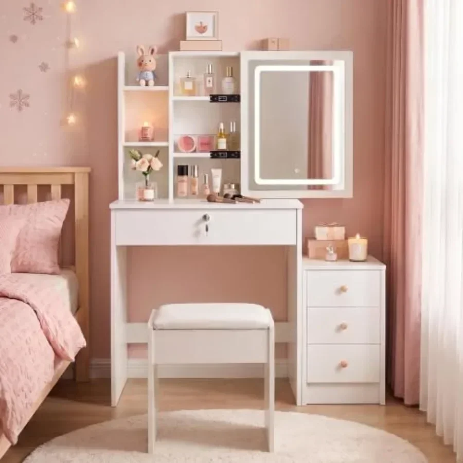 Vanity Desk with Mirror and Lights for Makeup Application, White MDF Material, Bright White Finish, Adjustable LED Lighting and