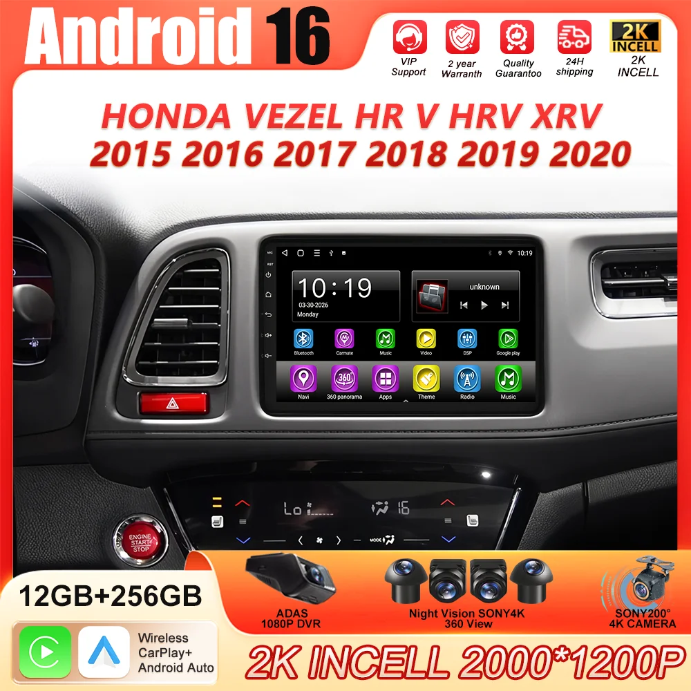 Radio Multimedia para Auto Android 16 para Honda Vezel HR-V HRV XRV 2015 2016 2017 2018 2019 2020, Reproductor Estéreo, GPS, Navegación, Carplay