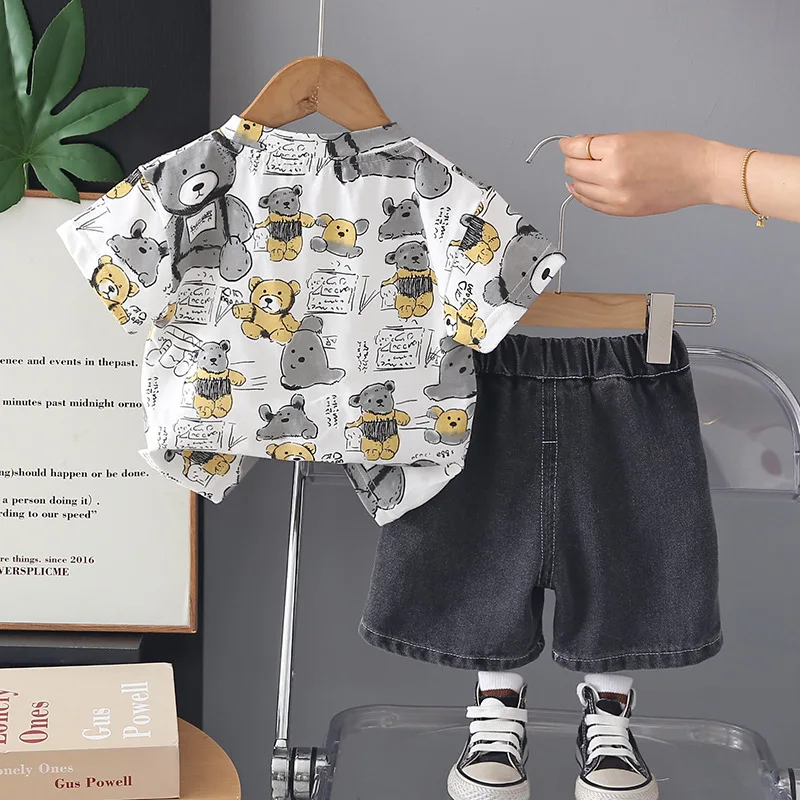 Baby Clothes Children's Suit for Boy All Over Print Bear Short Sleeve T-shirts and Denim Shorts Two-piece Set Kids Boys Outfits