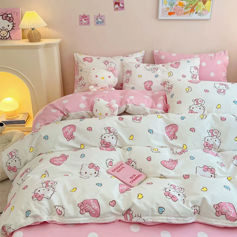 Hello Kitty Bedding Set Sanrio Kawaii Anime Set di quattro pezzi Cartoon Cute Bed Sheet copripiumino federa regali giocattoli per ragazze