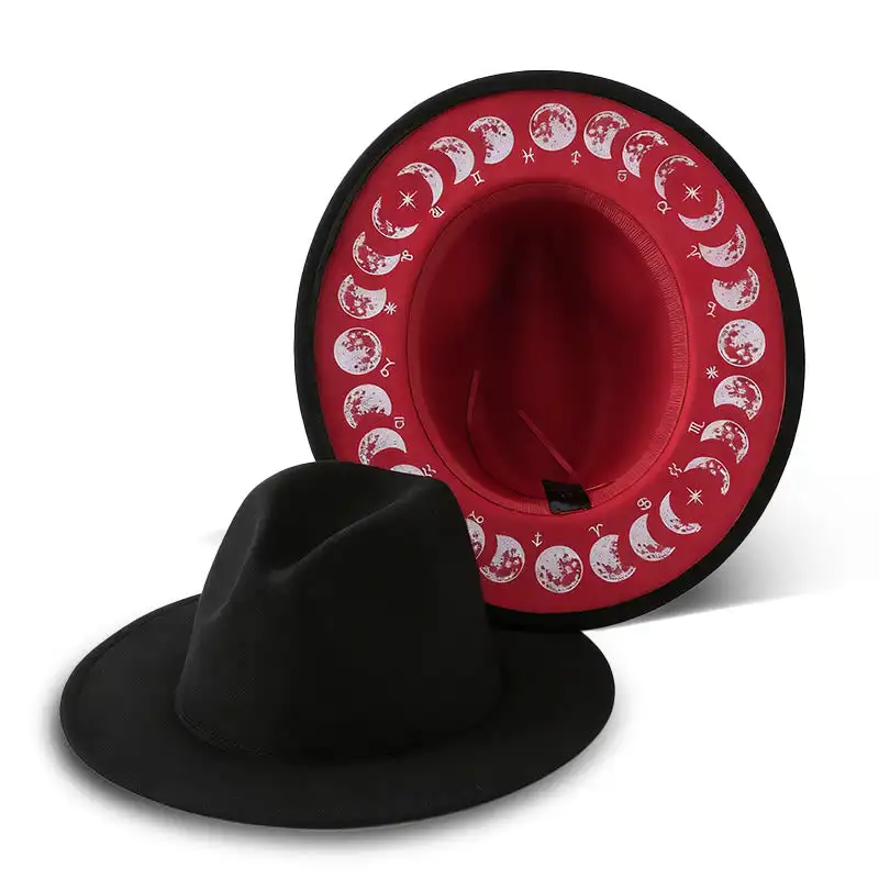 Black Gothic Punk Wide Brim Fedora Hat Halloween Cosplay Alternative Witch Hat Moon Phase Zodiac Celestial Dark Academia Sun Hat