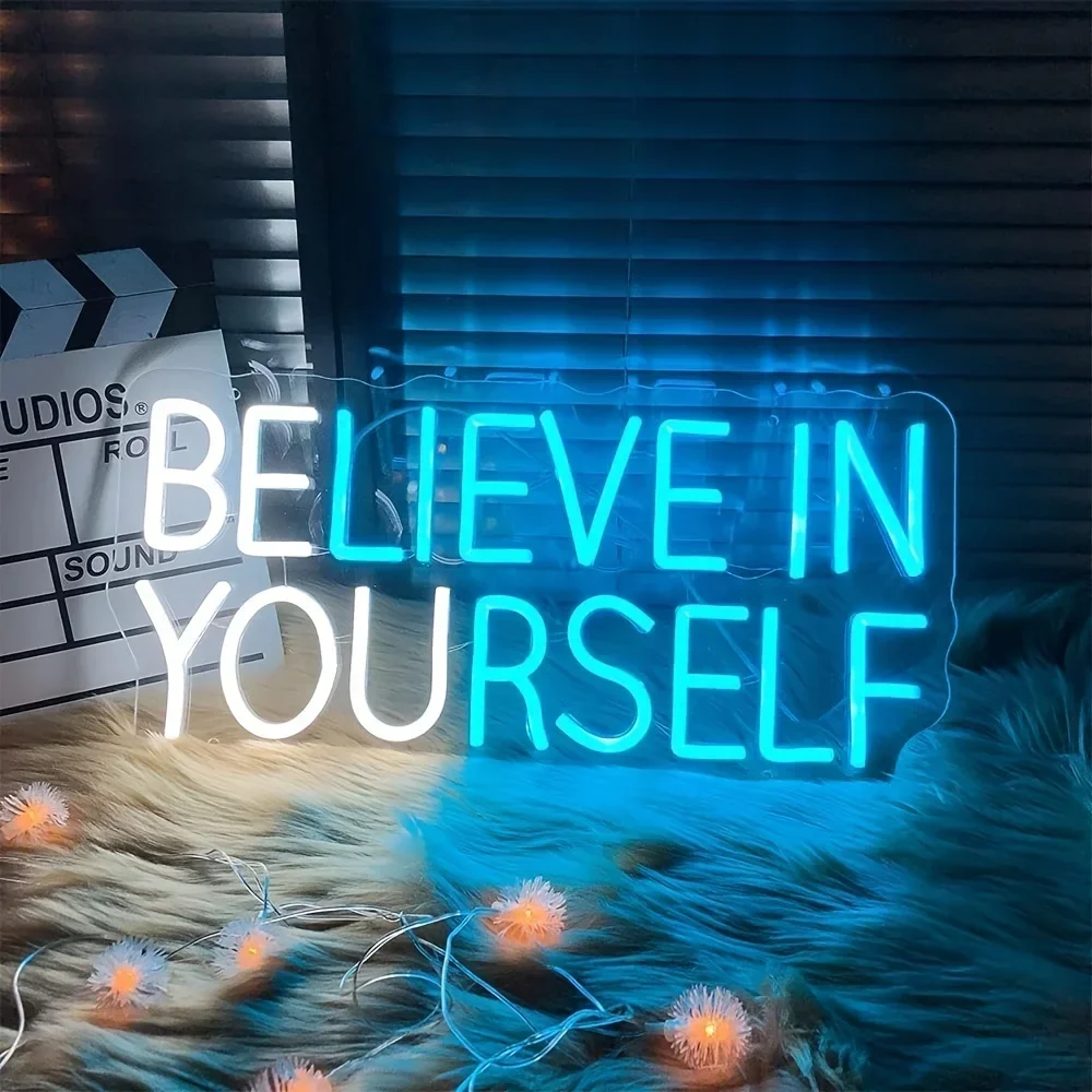 Believe In Yourself Neon Sign LED Wall Art USB Powered  White Blue Motivational Quote Decor Bedroom Office Gym Aesthetic Light