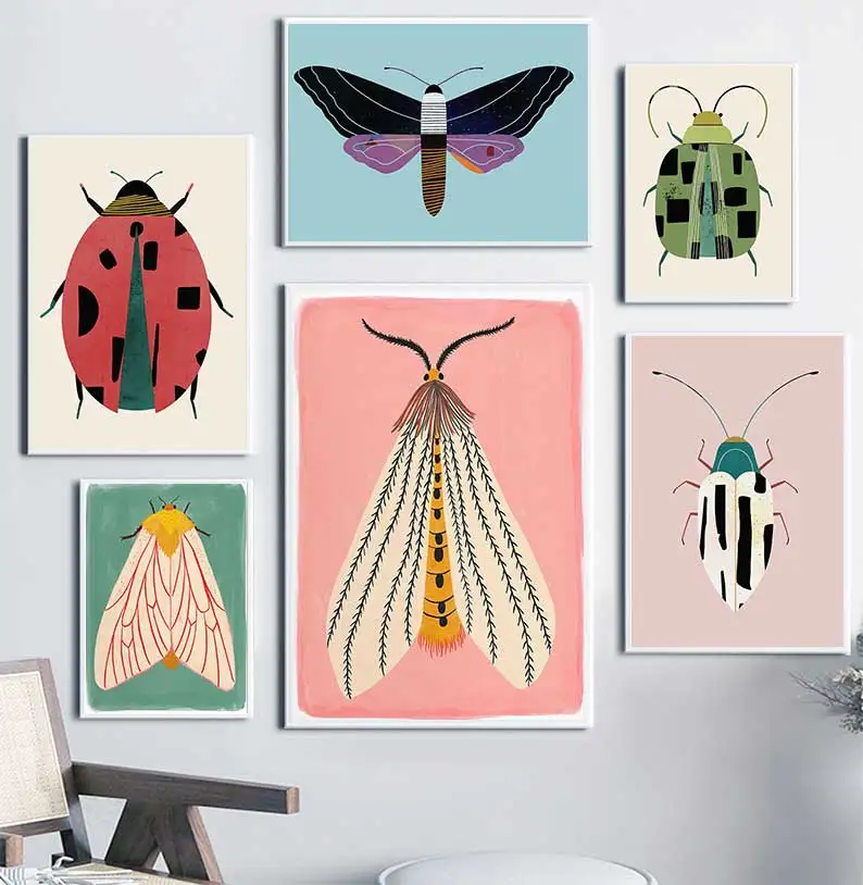 1pc frameless Butterfly Wall Art Ladybug Tiger Moth Beetle Feather Canvas Painting Nordic Poster Printing Wall Picture Bedroom D