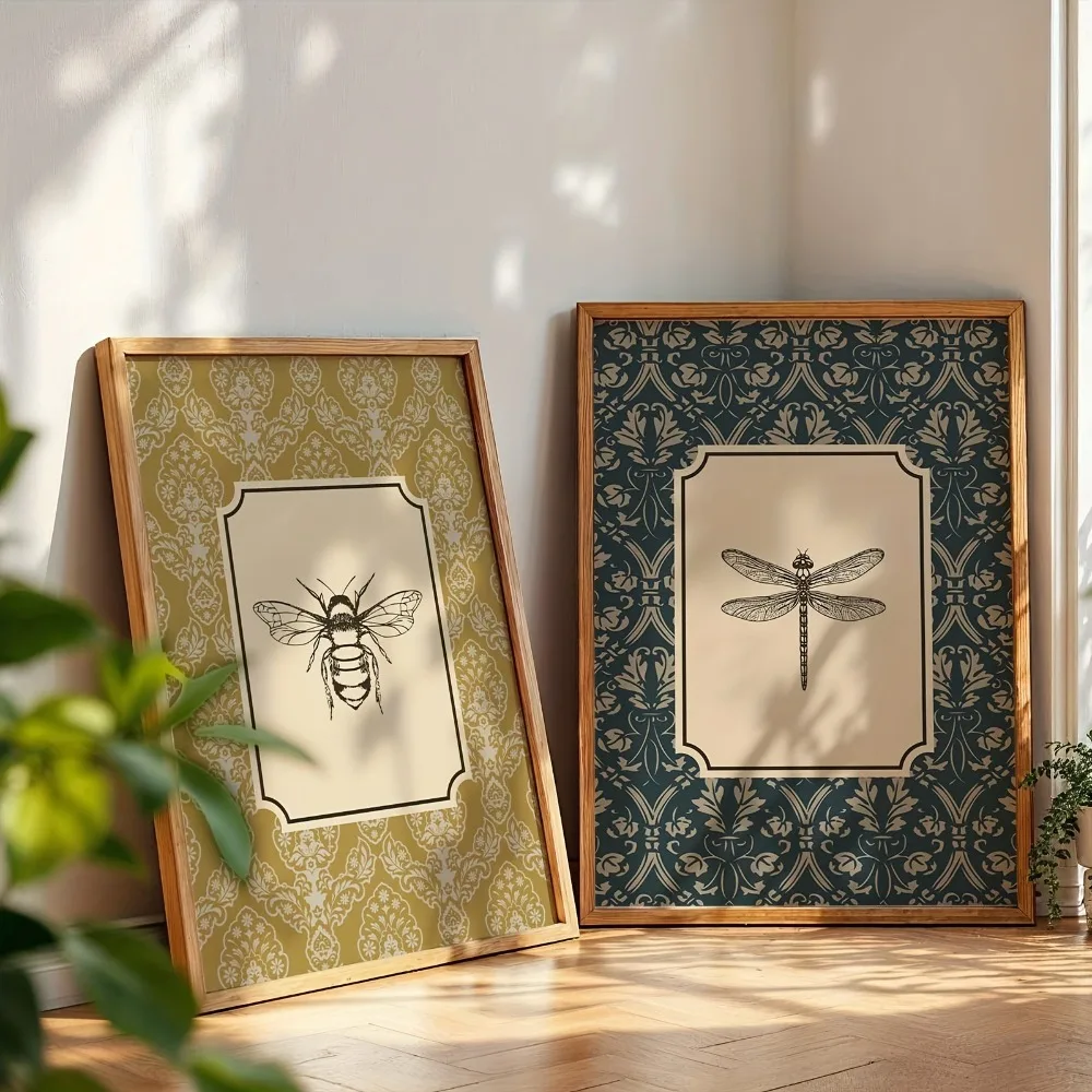 Frameless Canvas Posters Feature Retro Art,Bee and Dragonfly Insect Art Prints,Wall Art Canvas Paintings,Bedroom Wall Decoration