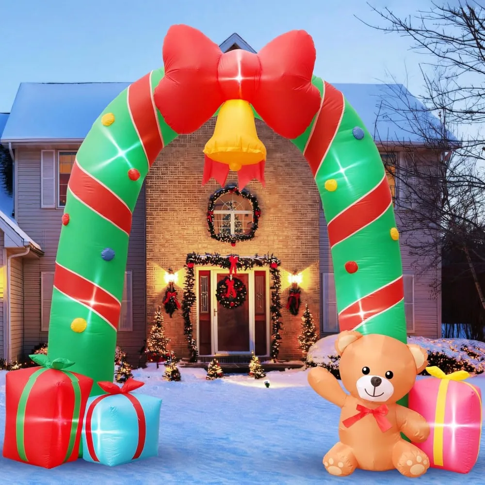 

Christmas Candy Cane Archway Inflatables - 10FT with Bow Bells, LED Lights - Outdoor Decorations for Xmas Garden Lawn