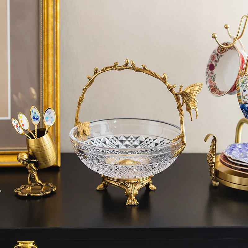 

retro brass fruit plate basket light luxury glass fruit plate tray ornament living room coffee table dried fruit storag