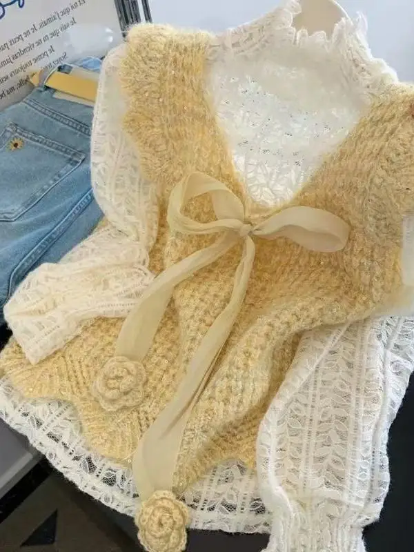 

Women's Lace Bell Sve Knitted Base irt Two-Piece Set Top f High Collar Long Sve Thiened Autumn Winter Clothes