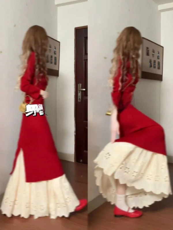 

Красный китайский комплект из двух предметов: мягкая юбка-миди и облегающий топ. Удобный женский костюм для зимнего сезона.