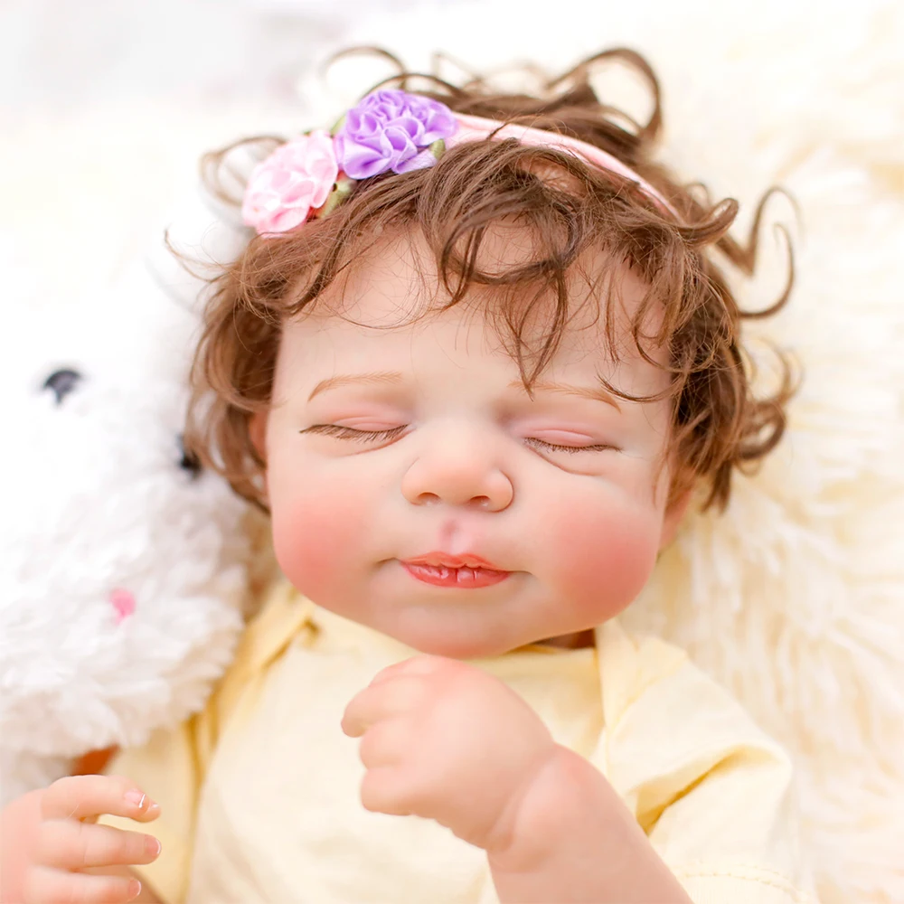 19인치 실물 같은 리본 인형 소녀 잠자는 신생아 부드러운 실리콘 비닐 바디 손으로 심은 머리카락 보이는 정맥 크리스마스 선물