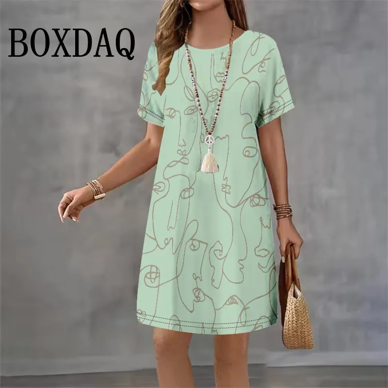أزياء الصيف فساتين نسائية عادية مجردة الشارع اللوحة الوجه المطبوعة فستان قصير الأكمام عادية س الرقبة تي شيرت فستان فضفاض